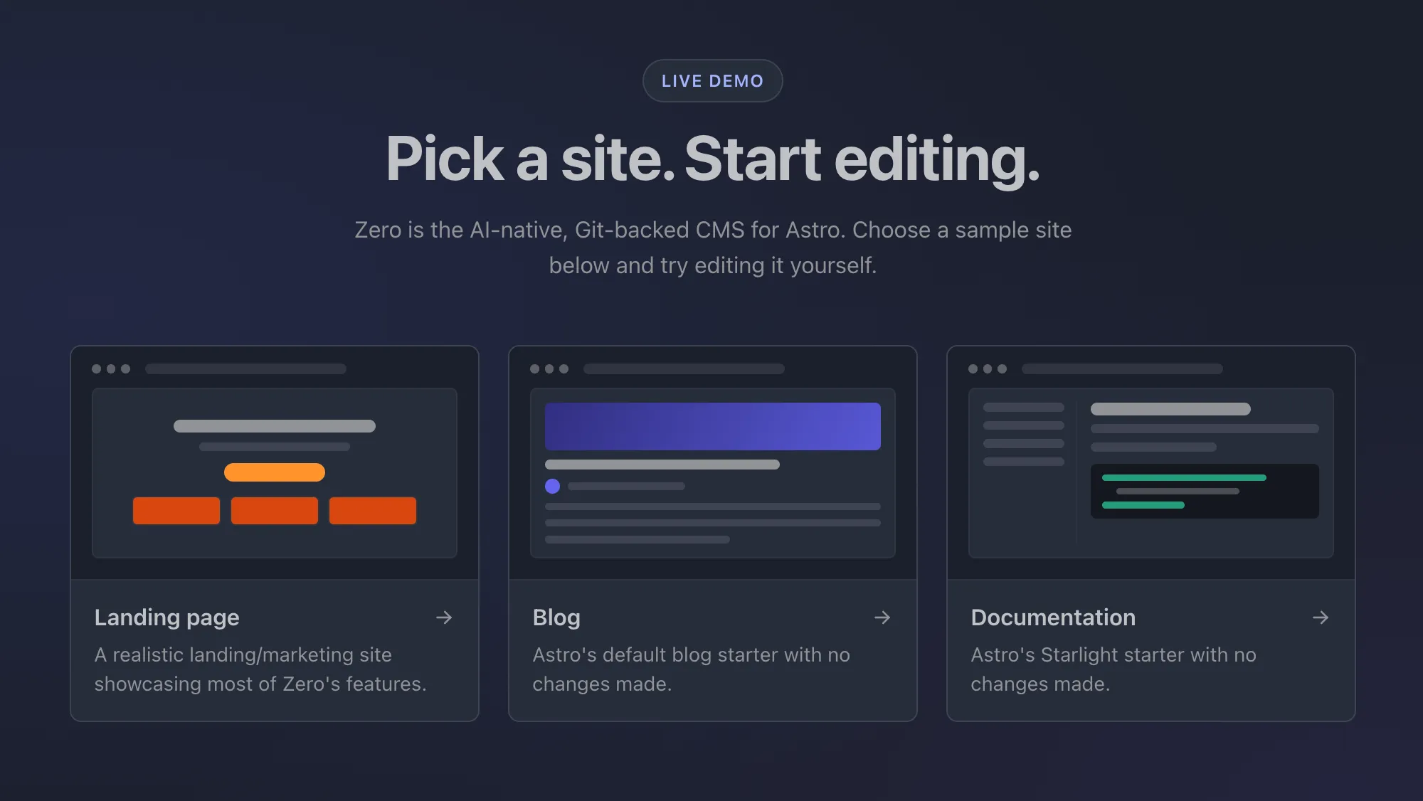 Three demo site options in Zero: Landing page, Blog, and Documentation, shown as interactive cards