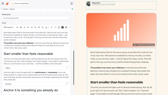 TinaCMS editing a Guides article: rich-text toolbar and body on the left with collapsed Callout and Stat grid blocks, the rendered article beside it on the right.