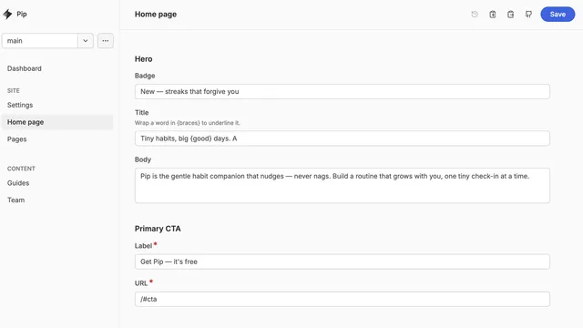 Keystatic admin editing the Home page singleton: sidebar with Settings, Pages, Guides and Team, and form fields for the hero badge, title, body and primary CTA.