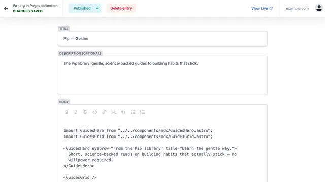 Decap CMS editor with a Pages entry open: title and description fields, and an MDX body showing component imports and tags as raw text.