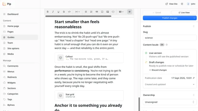 EmDash admin editing a guide: rich-text toolbar, prose with Callout and Stat grid blocks, and a publish panel showing draft changes.