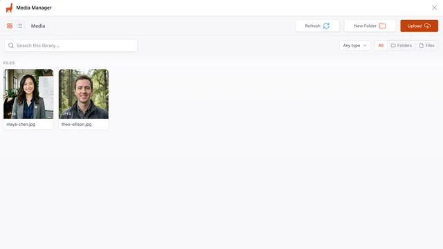 TinaCMS Media Manager dialog: search box, type filter and Upload button above a grid of two JPEG author portraits, maya-chen.jpg and theo-ellison.jpg.