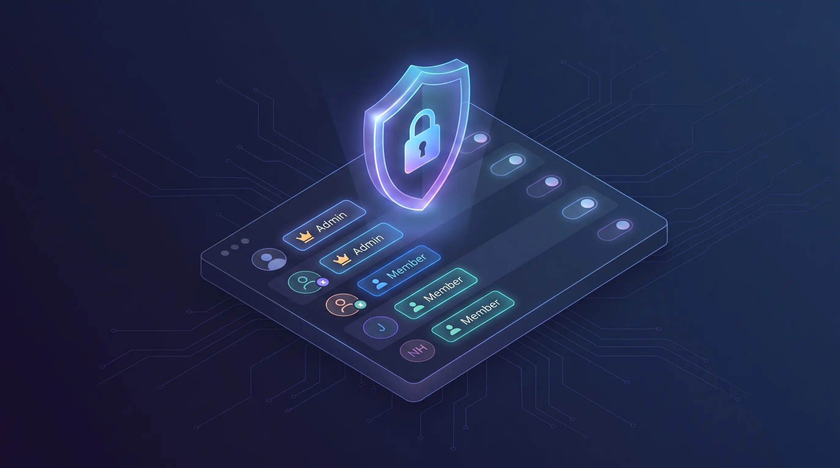 3D illustration of stacked permission layers beneath a glowing shield, representing access control tiers
