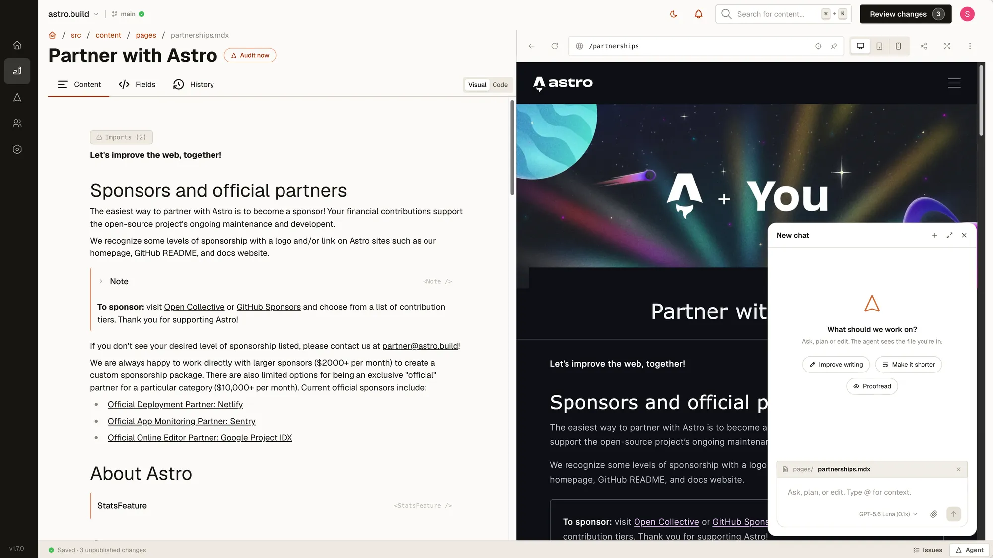 The redesigned Zero editor with the Agent open as a floating card over the live preview, and Issues and Agent chips in the footer