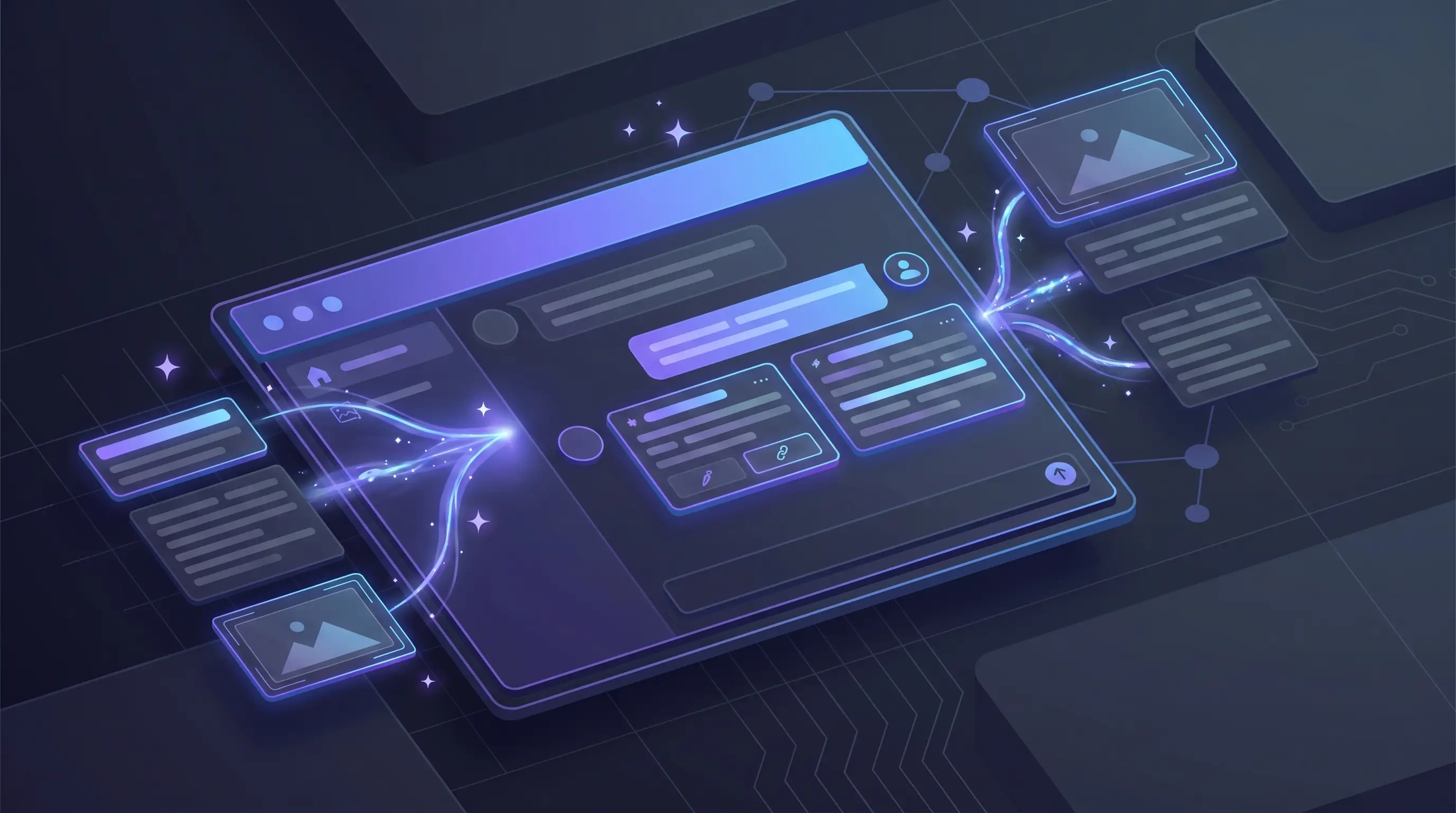 3D illustration of an AI content agent managing and rewriting content blocks inside a CMS interface