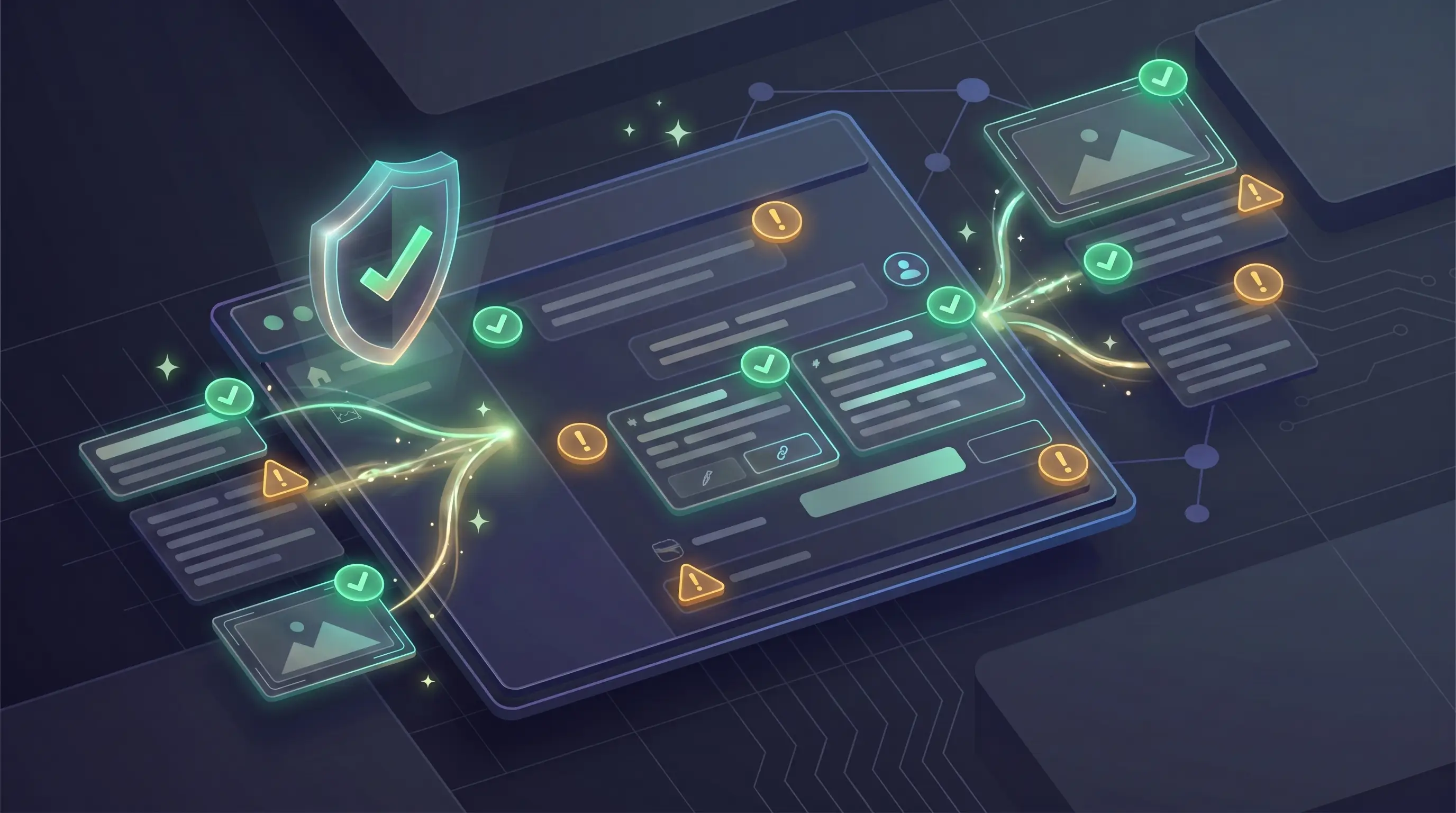 3D illustration of a content document with glowing checkmark and warning badges representing pre-publish audit results