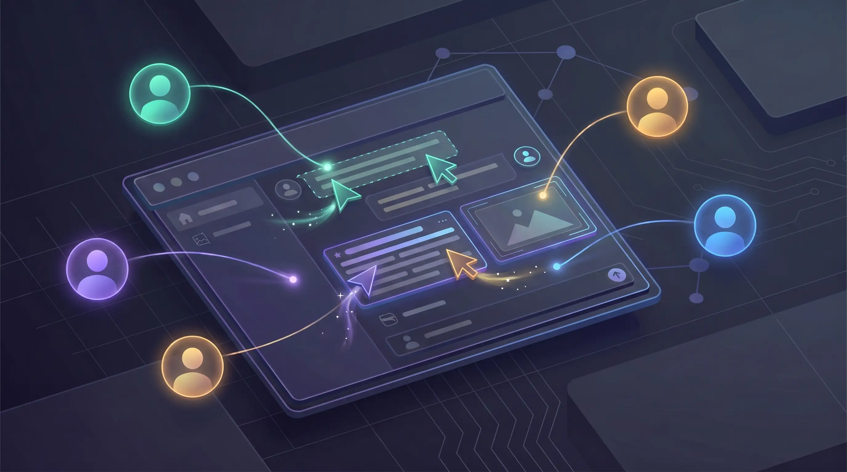 3D illustration of multiple user avatars connected by glowing lines to a shared content document with live cursors
