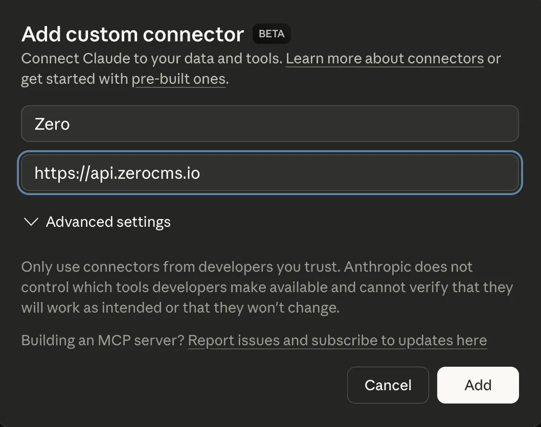 Connect Zero's MCP server