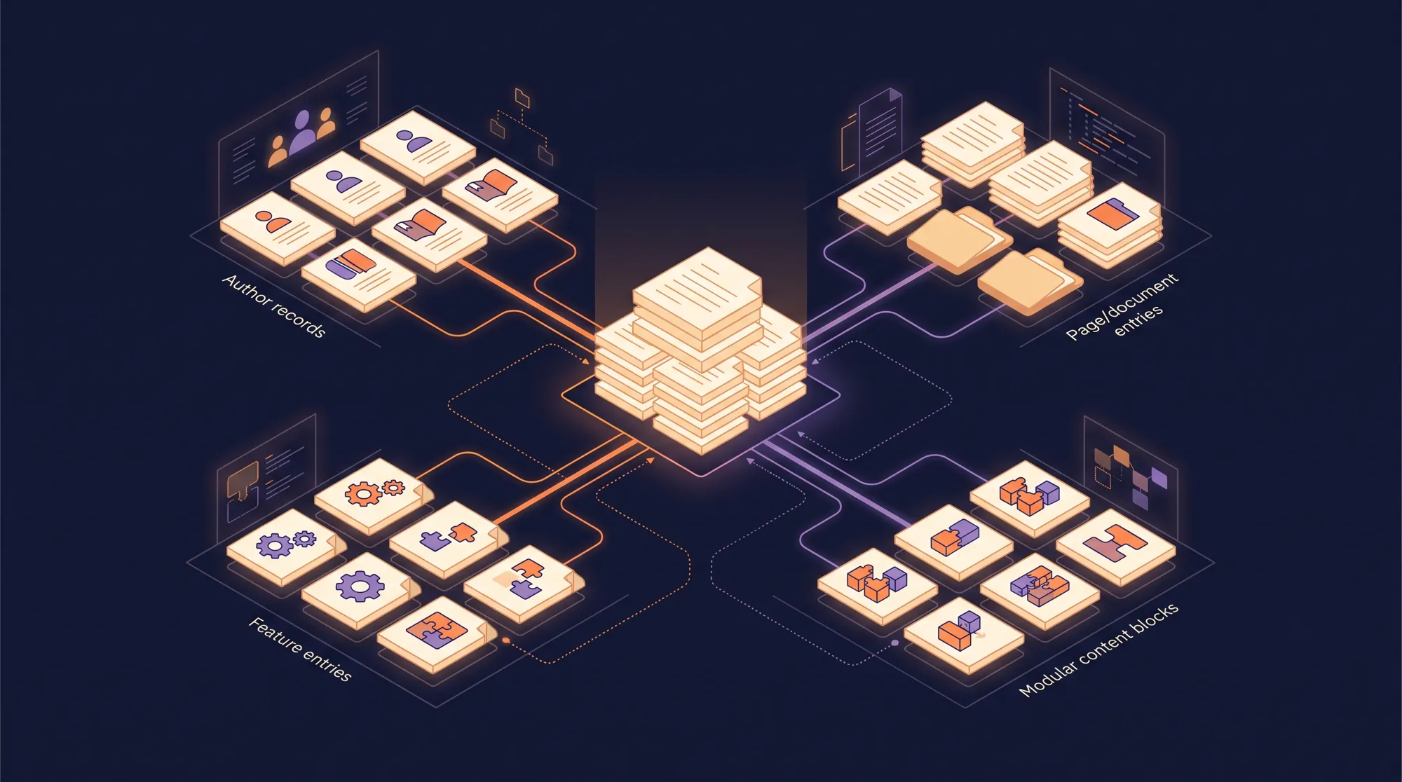 An isometric diagram of four content collections — author records, page and document entries, feature entries, and modular content blocks — feeding into one central stack of content files