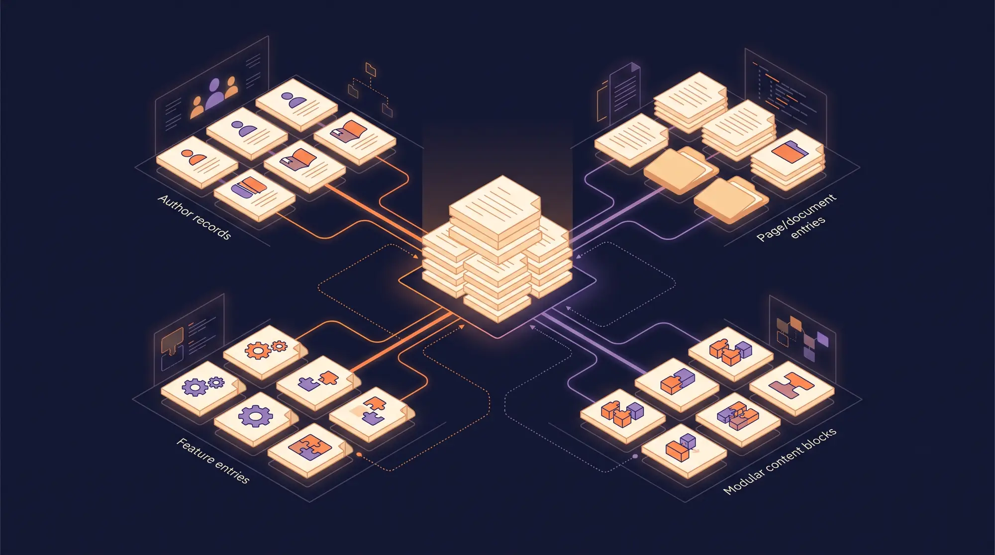 An isometric diagram of four content collections — author records, page and document entries, feature entries, and modular content blocks — feeding into one central stack of content files