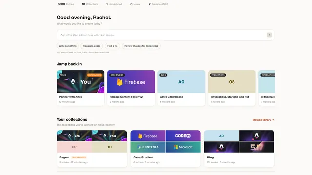 The ZeroCMS dashboard with an AI prompt, recently edited entries and the site's collections