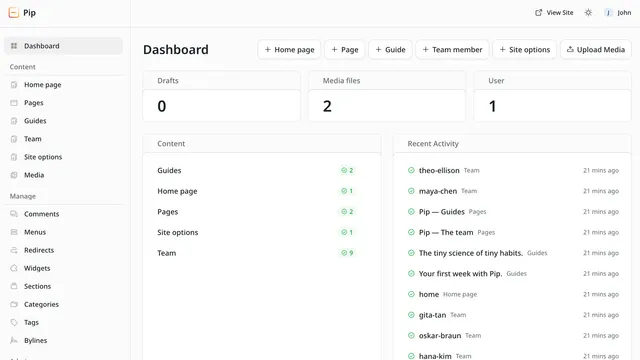 EmDash admin dashboard with quick-create buttons, draft, media and user counts, content per collection and recent activity.