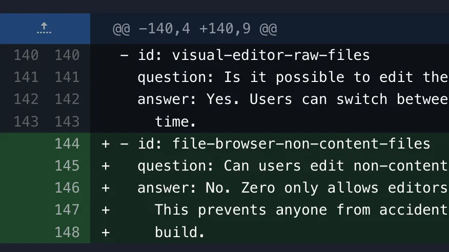 Zero's diff view showing a text diff in a file