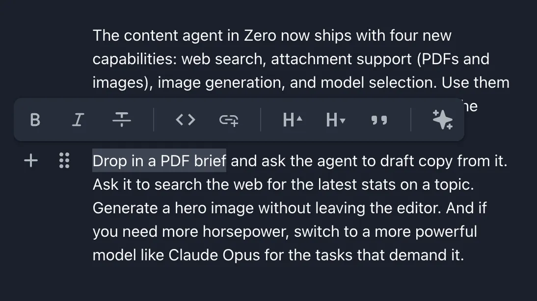 The Zero formatting toolbar appearing inline above selected text in the editor