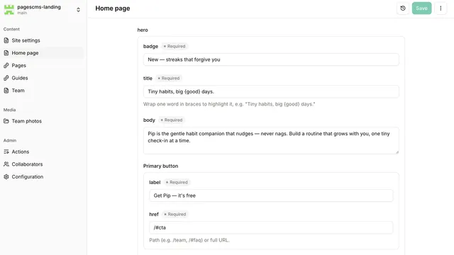Pages CMS editing a Home page entry: hero fields for badge, title, body and a primary button's label and href, each marked Required.