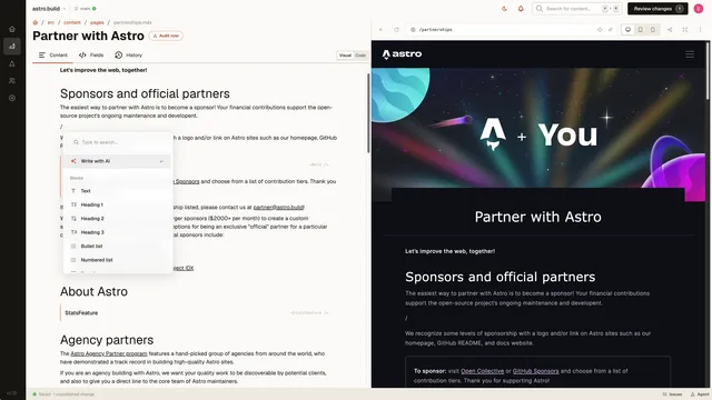 The ZeroCMS visual editor with its block menu open, beside a live preview of the Astro site being edited
