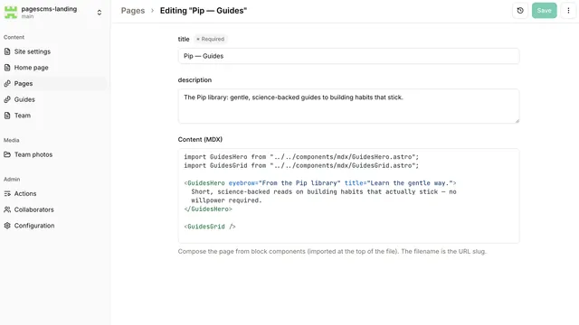 Pages CMS editing an MDX page: title and description fields above a code editor with hand-written component imports and JSX.