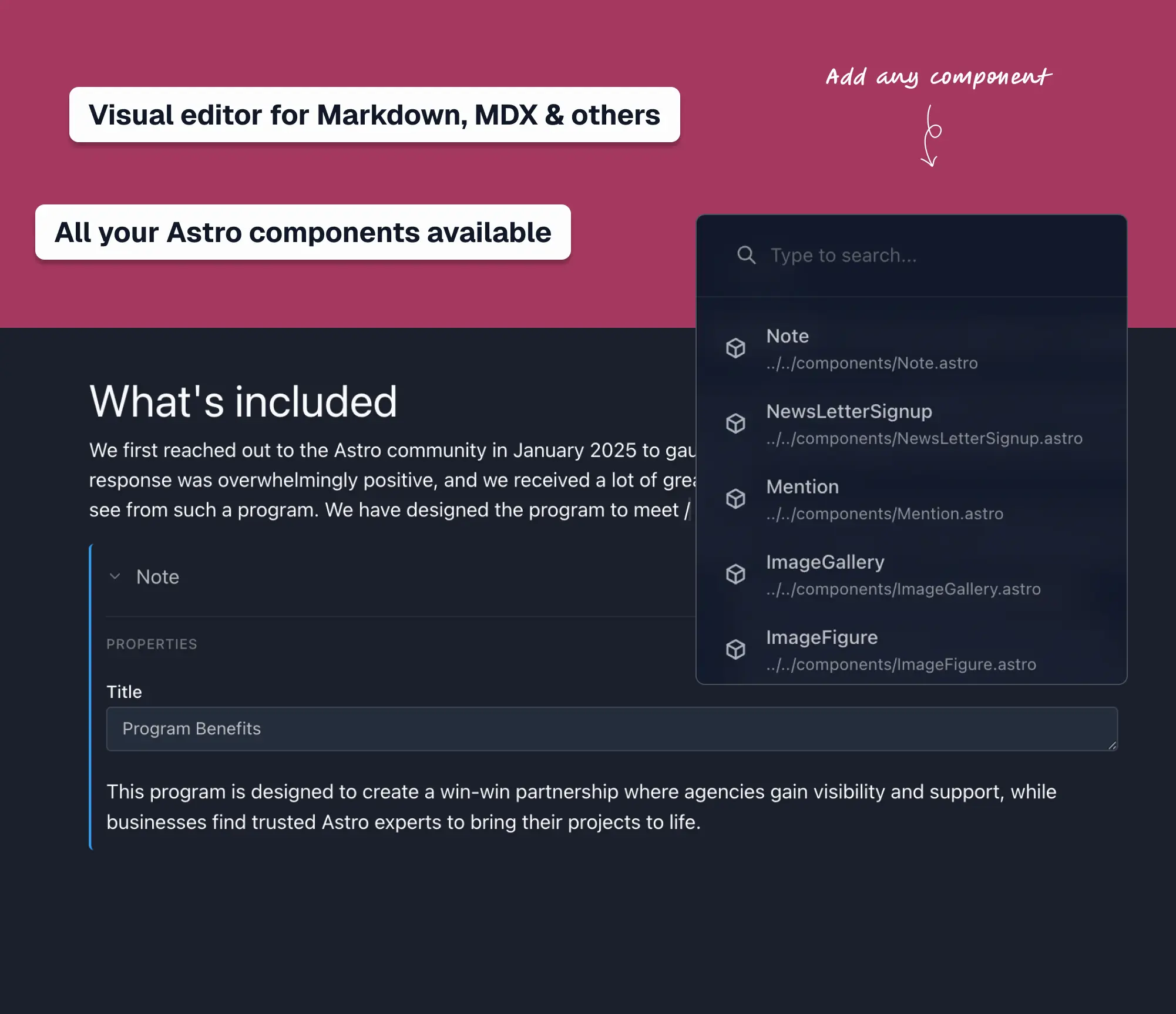Zero's rich content editor with component slash commands