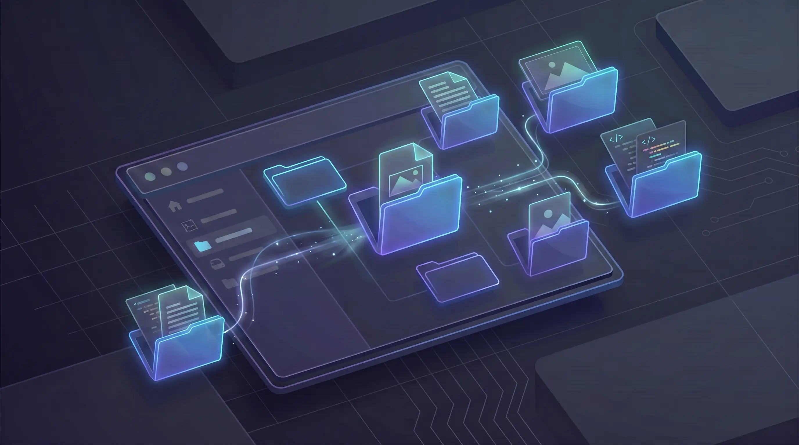 3D illustration of a floating folder hierarchy with glowing file icons fanning out from open folders