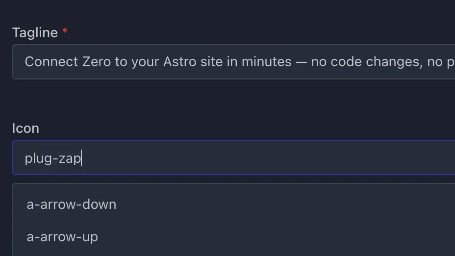 The Zero form editor showing structured input fields for a content entry's metadata