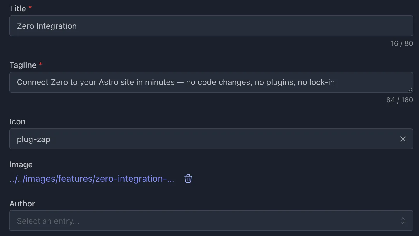 Zero's schema-aware form editor showing structured fields generated from a Zod content collection definition