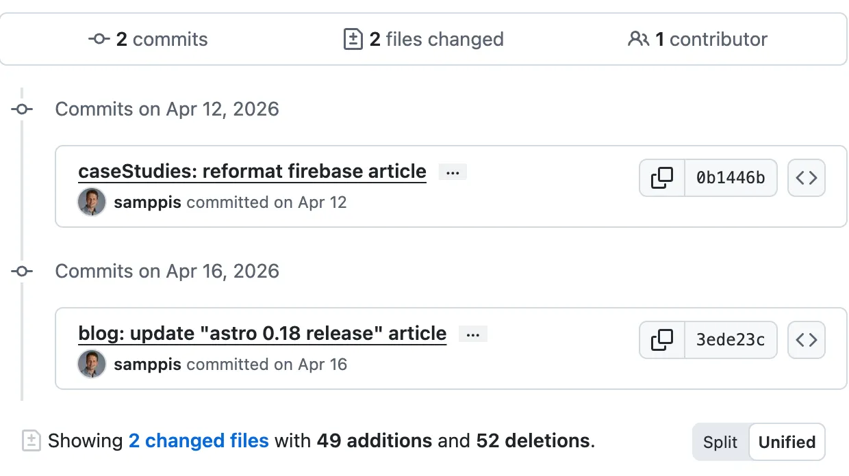 GitHub commit history showing content changes made through Zero's editor
