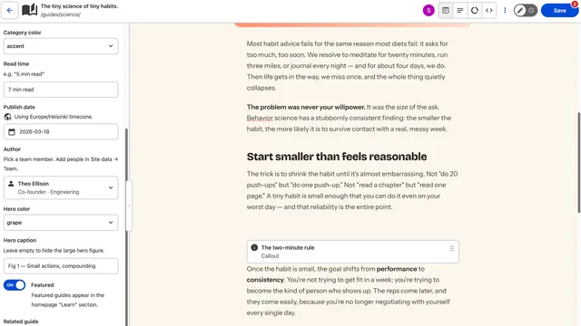 CloudCannon editing a guide: frontmatter fields (dropdowns, date, author picker, toggle) beside the rendered article with a Callout component block inline.