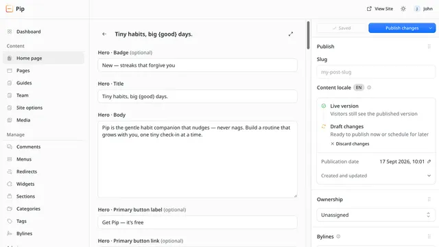 EmDash admin editing the home page as schema form fields (hero badge, title, body, button label) beside a publish panel with draft changes.