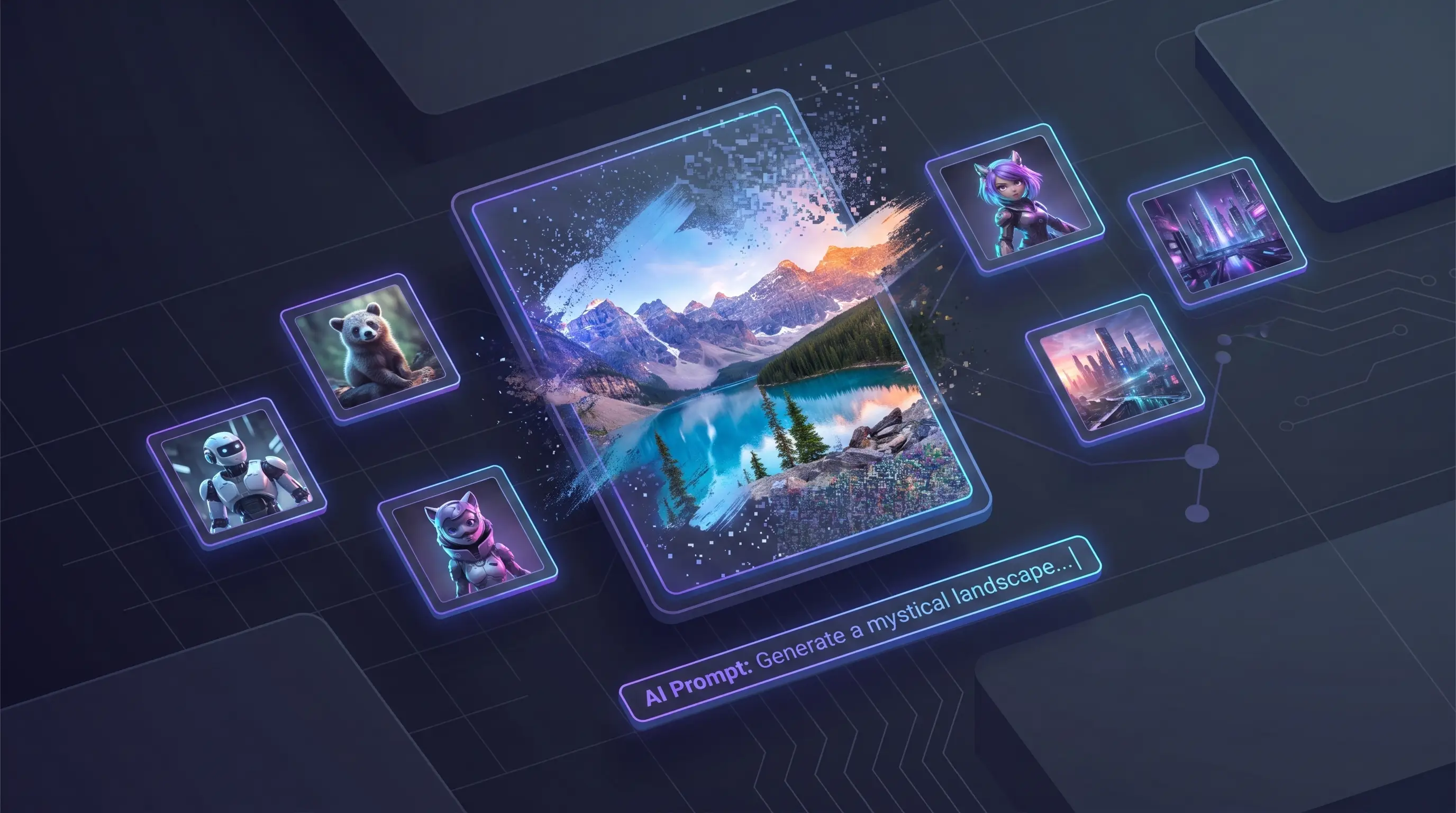 3D illustration of an AI image generation interface with a glowing image frame and orbiting thumbnails
