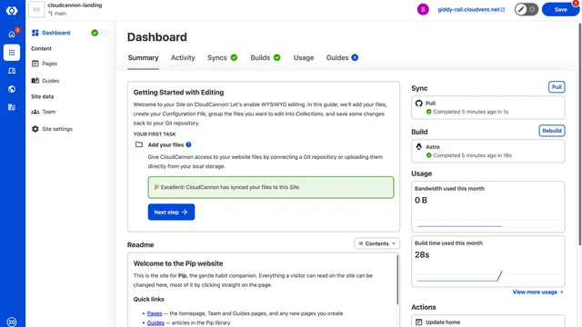 CloudCannon site dashboard: sync and Astro build both completed, usage counters, a getting-started guide and the repository README.