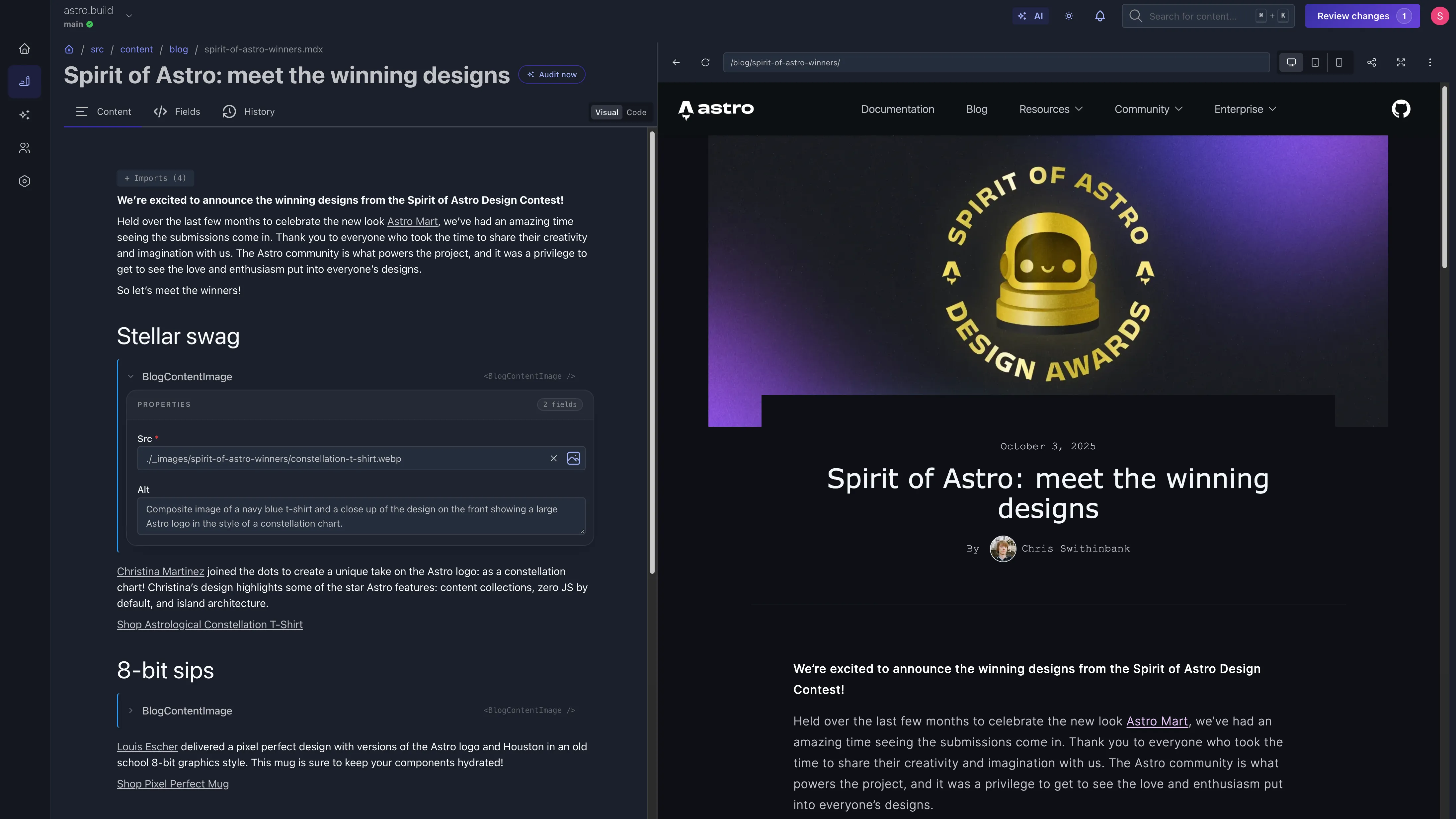 Editing content in Zero with the real Astro site rendering live alongside