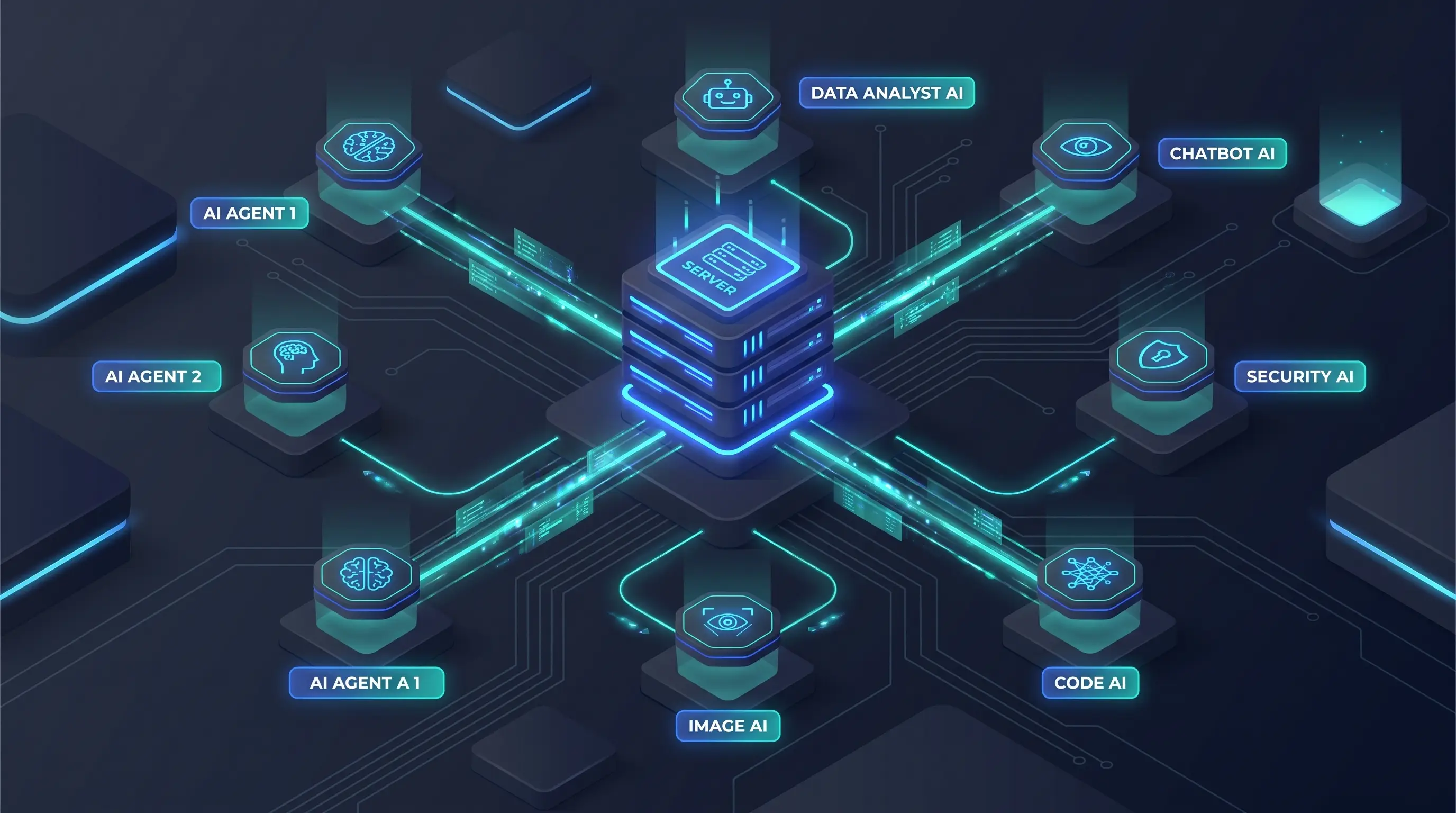 3D illustration of an MCP server node with glowing protocol connections radiating out to AI agent icons