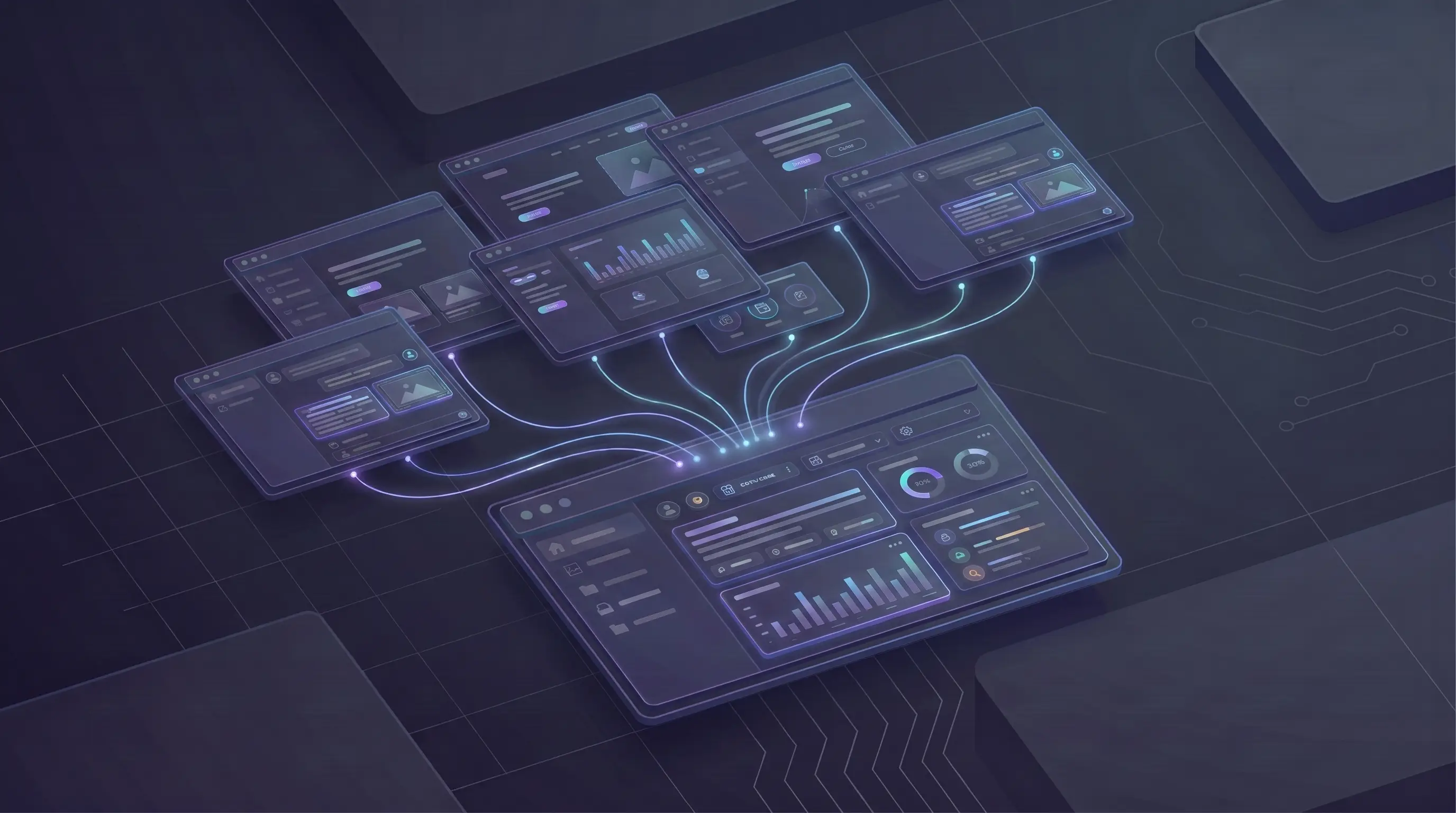 3D illustration of multiple floating site panels arranged in a grid, connected by glowing lines to a single central control hub