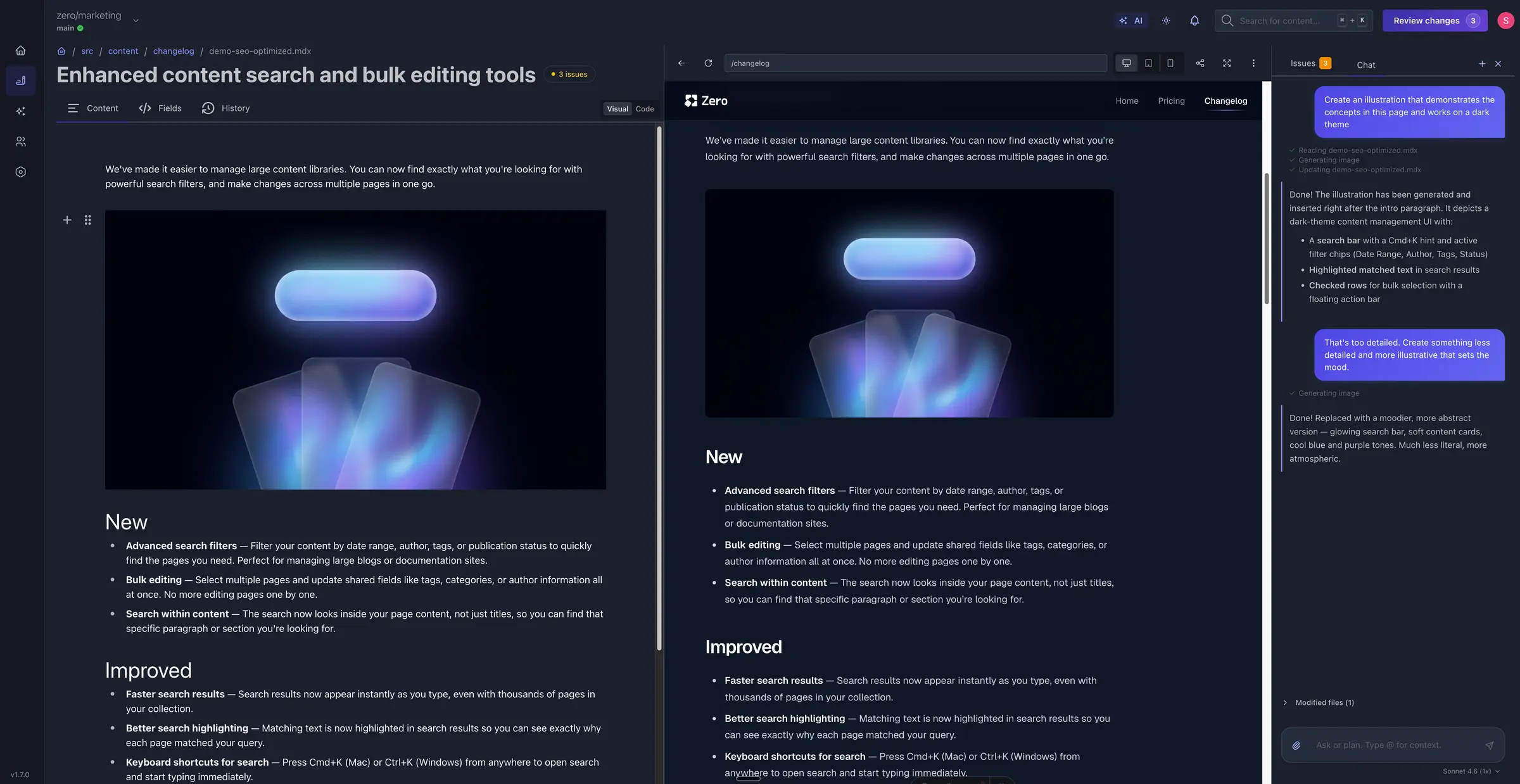 Zero CMS workspace showing the content editor and live preview side by side