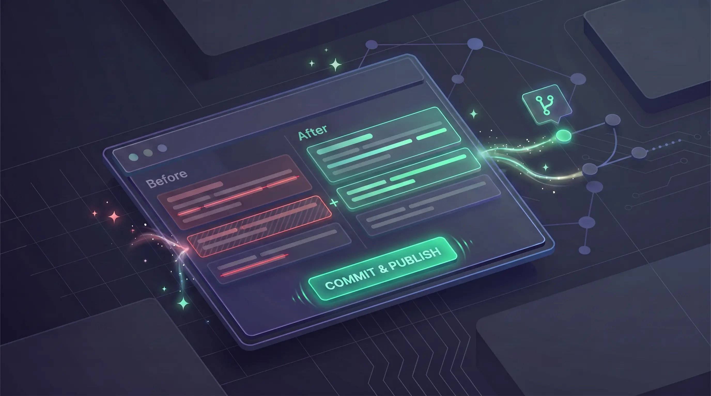 3D illustration of a diff panel showing before and after content changes with green and red highlights, and a glowing publish button