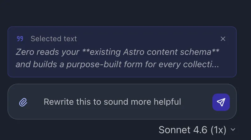 The Zero AI assistant rewriting a selected paragraph inside the editor