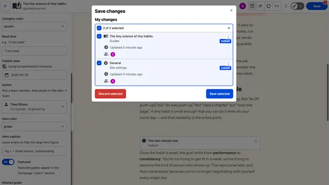CloudCannon Save changes dialog listing two edited files, a guide and site settings, each selectable, with Discard selected and Save selected buttons.