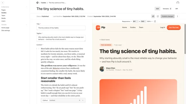 Payload admin editing a guide: title, tagline and rich-text content with a Callout block on the left, live preview of the rendered page on the right.