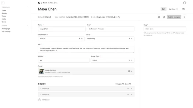 Payload admin editing a team member: name, role, department, group, bio, initials, avatar colour, avatar image, social links and slug fields.