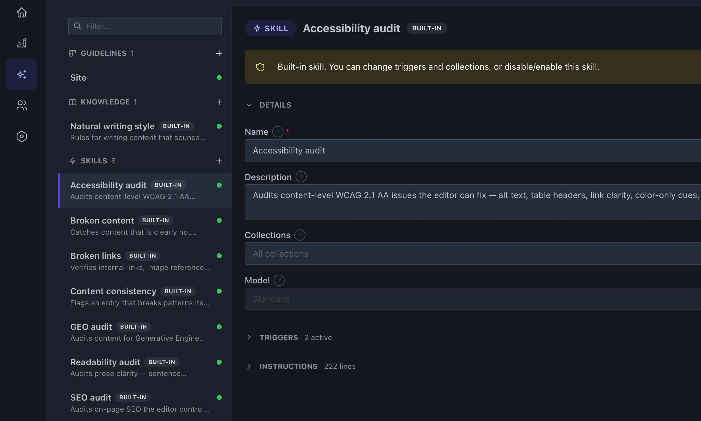 Quality checks and custom skills panel in Zero