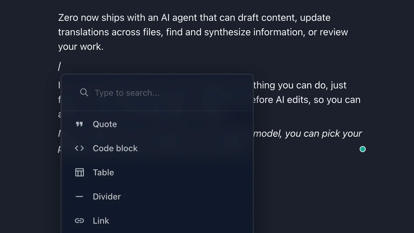The Zero slash command menu open in the editor with a list of block types