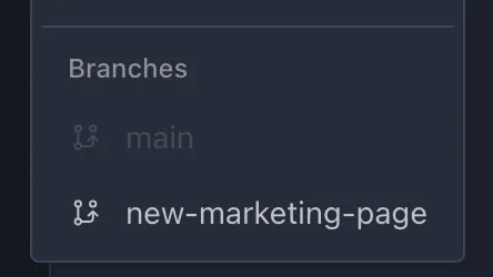 Zero branch switcher showing different branches available for a site