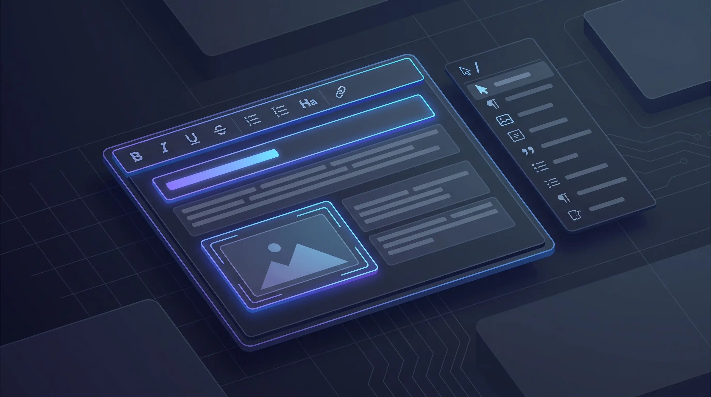 3D illustration of a visual content editor with a formatting toolbar and slash-command palette