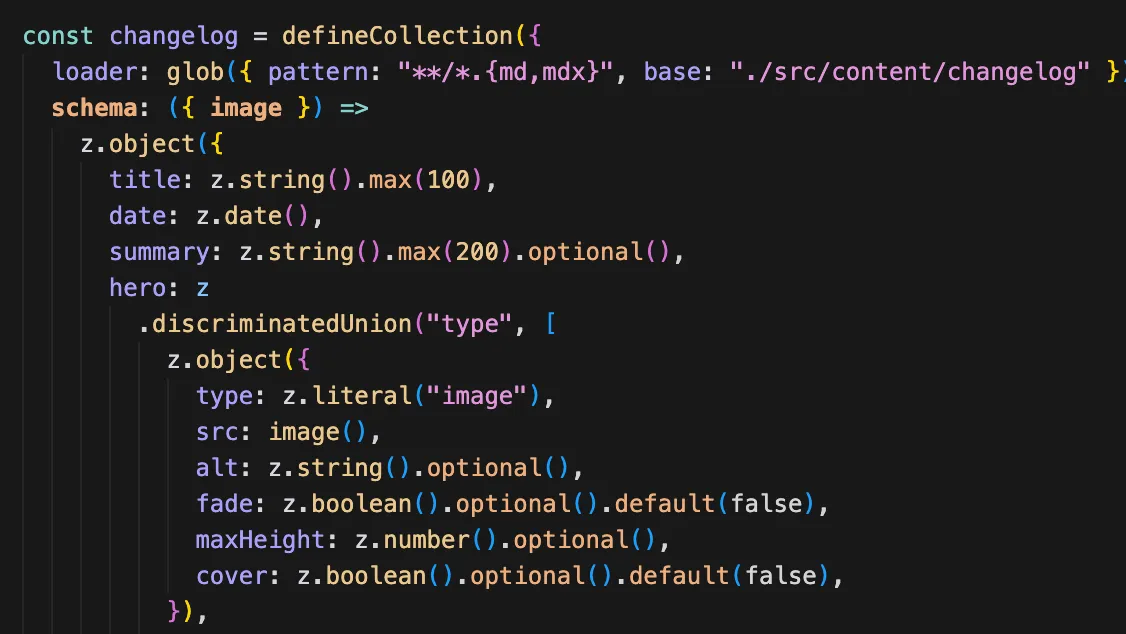 Zod schema definition showing Zero's automatic field inference from a content collection config